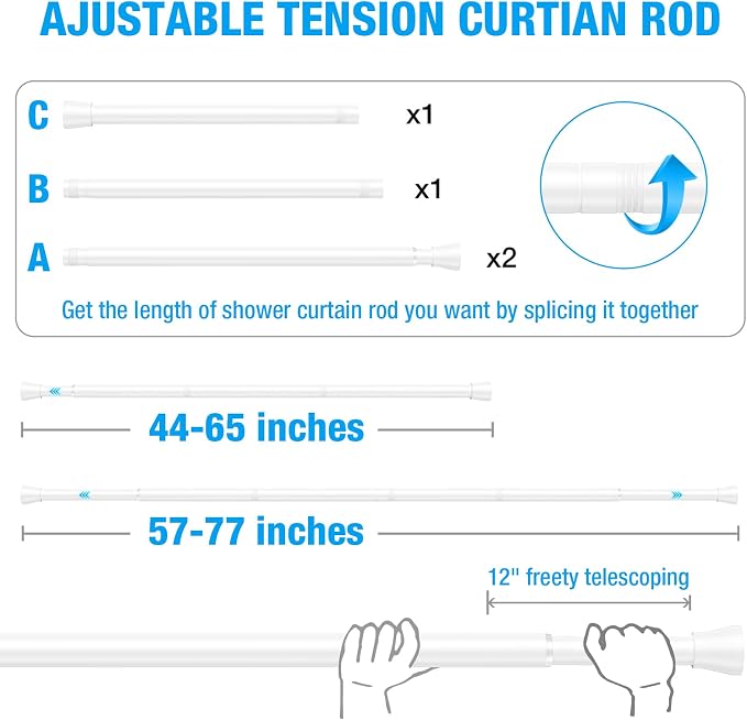 MEXAU 1Pack Spring Tension Curtain Rod 44-77 inch White Small Tension Rod | - Image 4