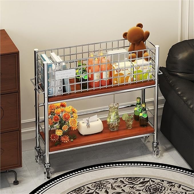 Slim Storage Cart with Wheels, 2 Tier Rolling Cart with Solid Wood Open Shelf by Unknown