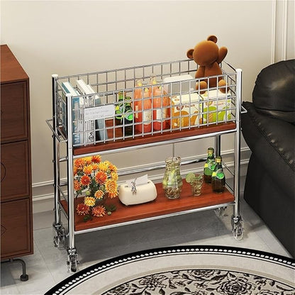 Slim Storage Cart with Wheels, 2 Tier Rolling Cart with Solid Wood Open Shelf by Unknown