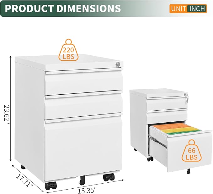 3 Drawer File Cabinet with Lock, Under Desk Rolling Small Filing Cabinet - Image 2