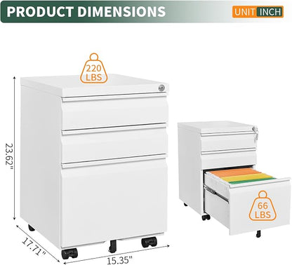 3 Drawer File Cabinet with Lock, Under Desk Rolling Small Filing Cabinet - Image 2