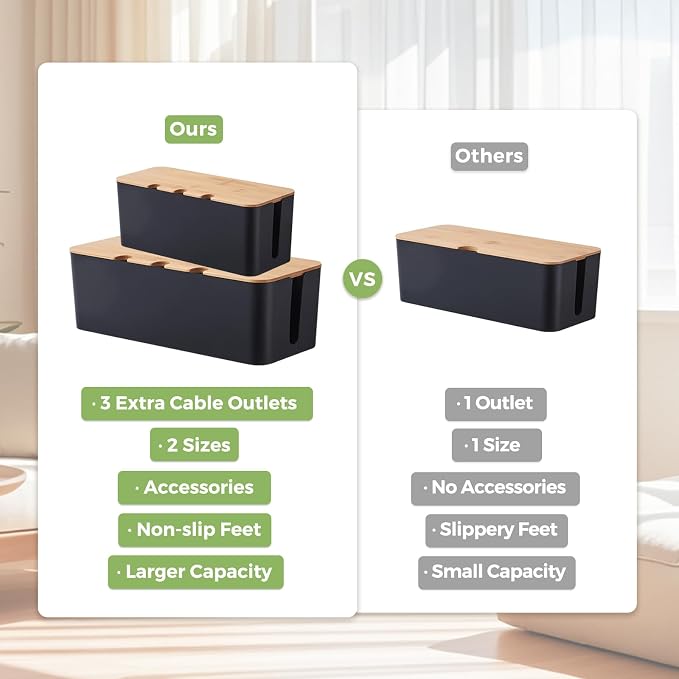 Cord Organizer Box Black 2 Pack, Wooden Cable Management Box - Image 6