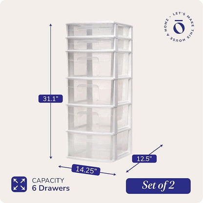HOMZ 2-Pack Drawer Tower, 6-Tier Clear Plastic Storage Organizer Cart, and - Image 3