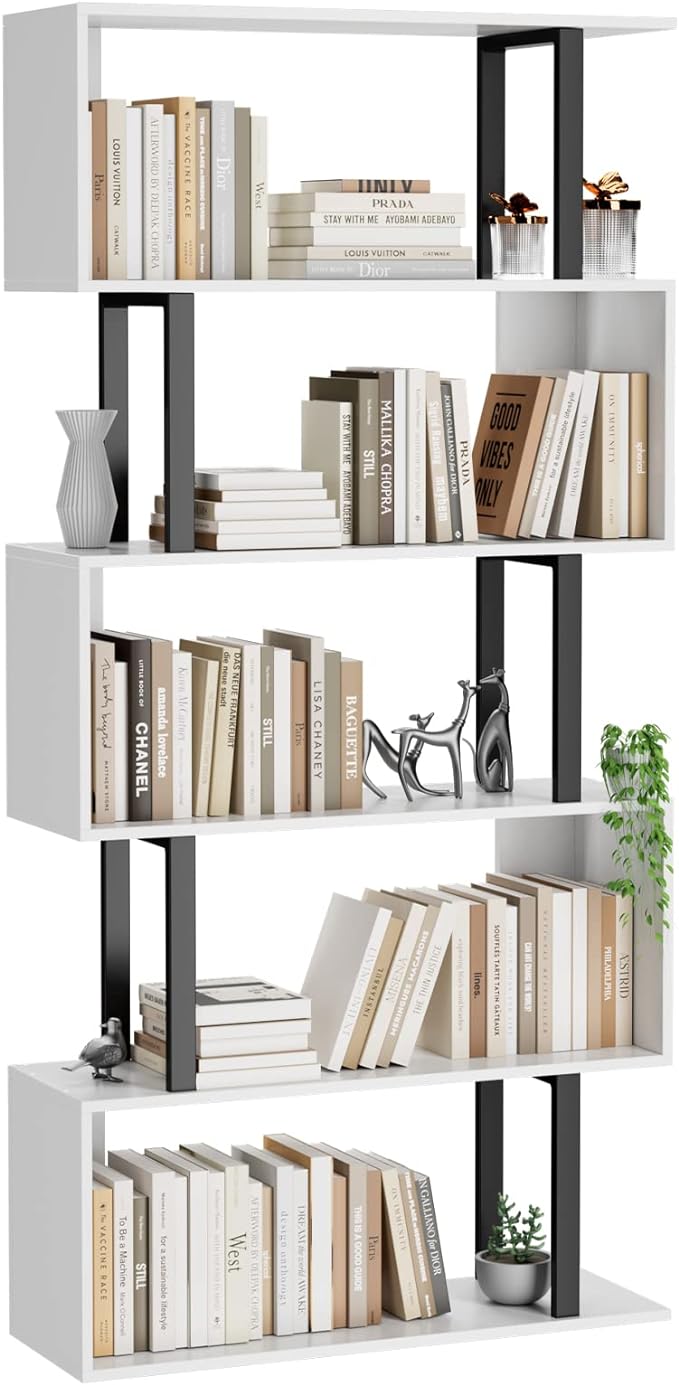 5 Tier Geometric Bookcase, S Shaped Bookshelf, Wood Decorative Storage Shelving by Gadroad