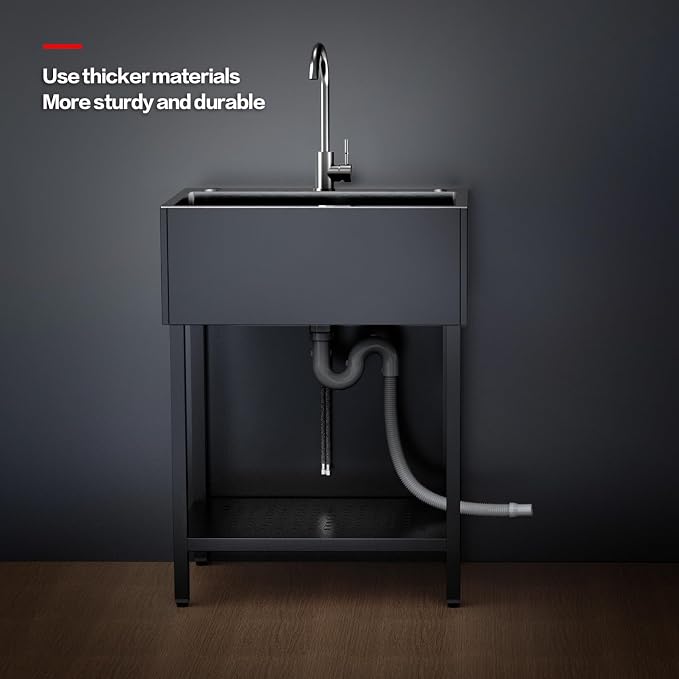 26" Freestanding Stainless Steel Utility Sink, Single Bowl Kitchen Sinks - Image 8