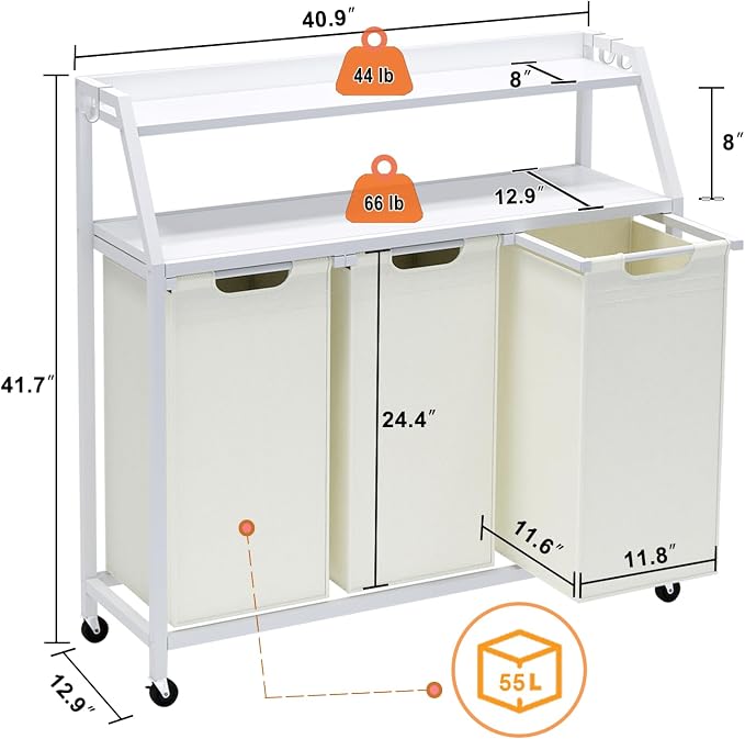 Laundry Hamper, Laundry Sorter 3 Section, Rolling Laundry Basket - Image 7