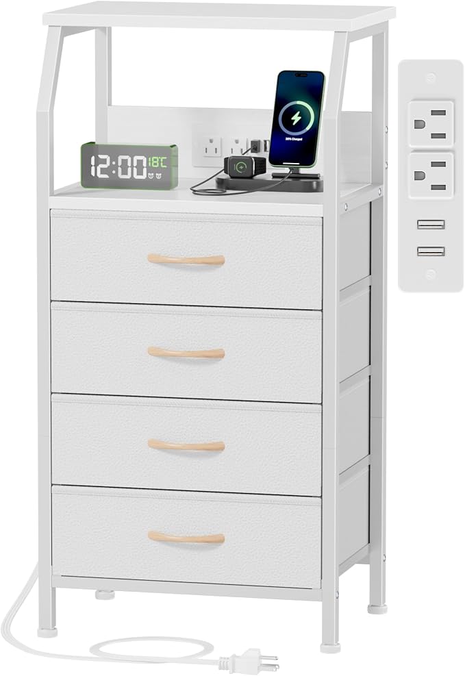Furnulem White Nightstand with Charging Station, 4 Drawers Bedside Table | 33.3 by Furnulem
