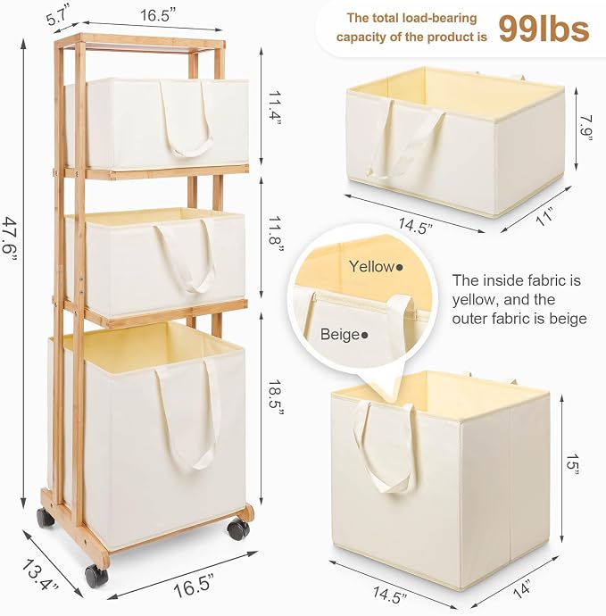 Homde Laundry Basket 3 Tier Bamboo Storage Shelf - Image 2
