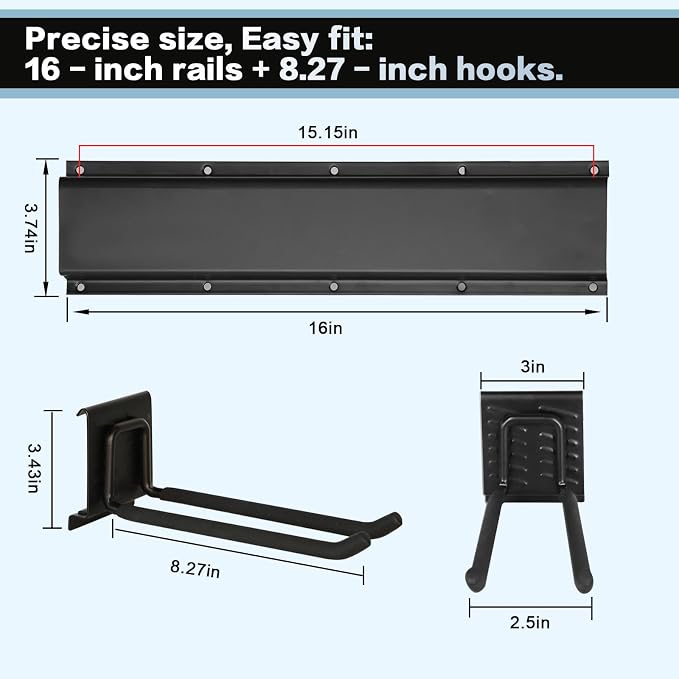 Garage Tool Organizer Wall Mount 48in- 6 Heavy Duty Hooks, 360lbs Capacity - Image 2