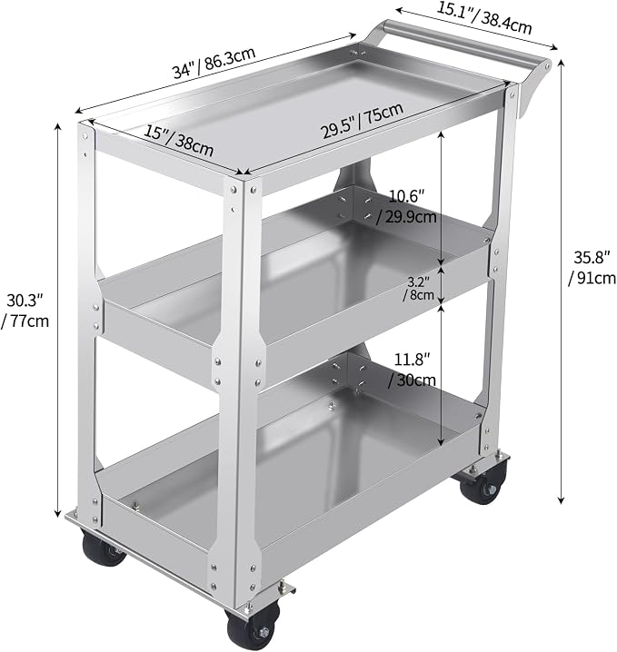 3-Tier Stainless Steel Utility Cart, 1000lbs Capacity - Image 3