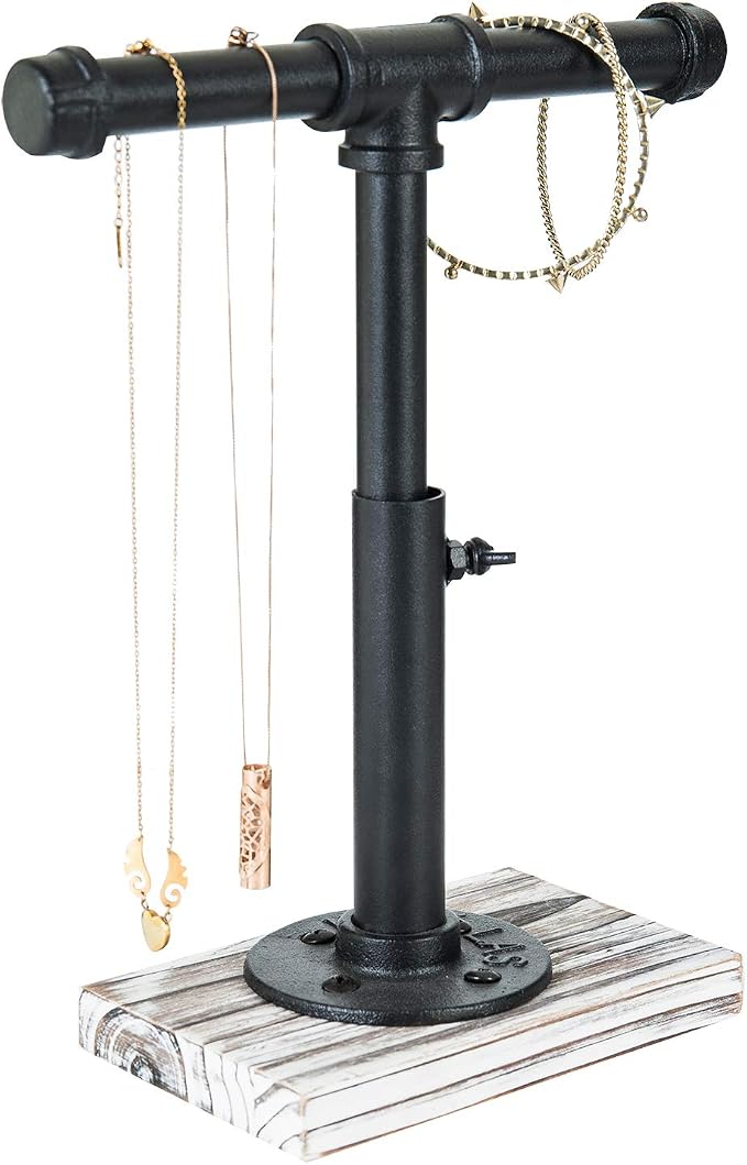 MyGift Industrial Pipe Black Metal T-Bar Adjustable Height Jewelry, Bracelet & - Image 7