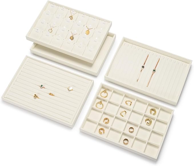 Stackable Beige Jewelry Organizer Tray Premium Microfiber 24 Grid Jewelry - Image 2