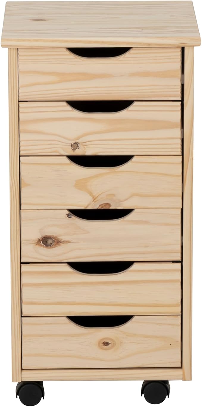 Linon Corinne Unfinished Six Drawer Wooden Rolling Storage Cart - Image 8