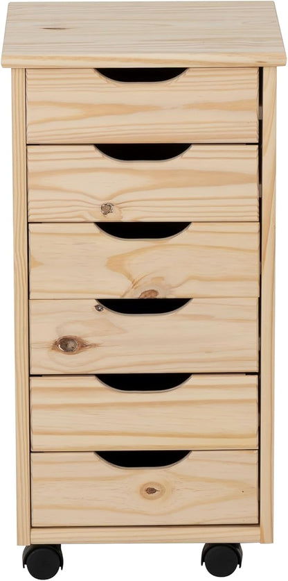 Linon Corinne Unfinished Six Drawer Wooden Rolling Storage Cart - Image 8