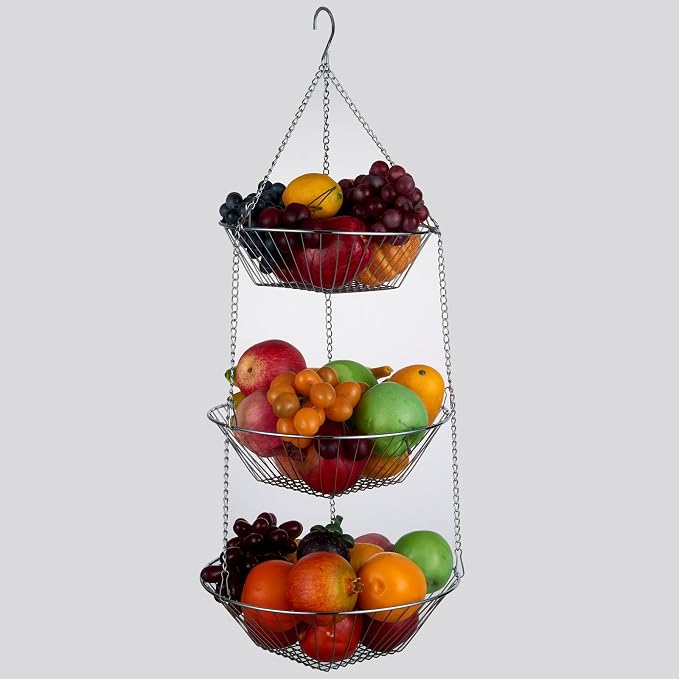 JUNCHU CHERRY 3-Tier Wire Fruit Hanging Basket 2 Packs, non-Punching Wall - Image 4