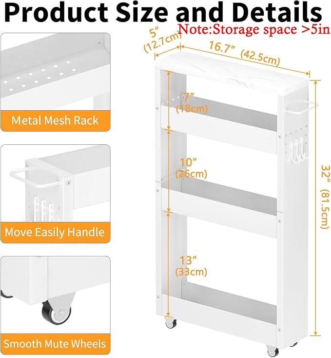 Slim Storage Cart, 5 in Width, 4-Tier White Rolling Cart - Image 6