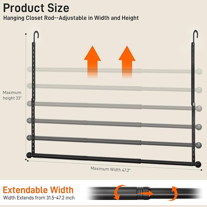 SUTINE Closet Rods for Hanging Clothes, Adjustable Metal Closet Extender - Image 2