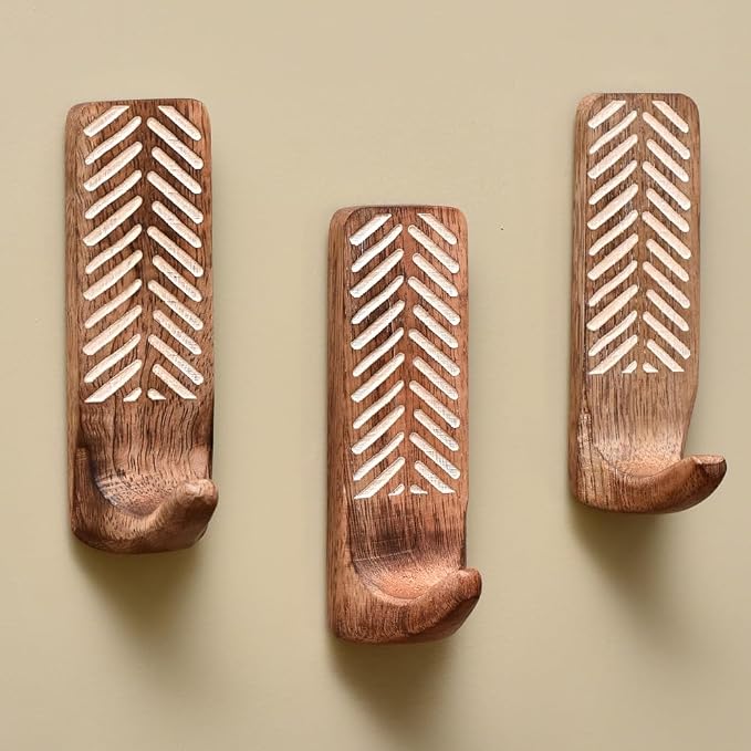Indian Shelf 3 Boho Wood Adhesive Wall Hooks Peel Stick by IndianShelf