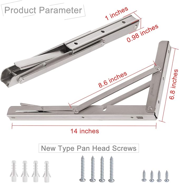 YUMORE Folding Shelf Bracket 14", Heavy Duty Stainless Steel Collapsible - Image 6