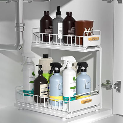 Under Sink Organizer Kitchen, Pull Out Cabinet Organizer 2 Tier Slide Out Sink by HOMEBOSILY