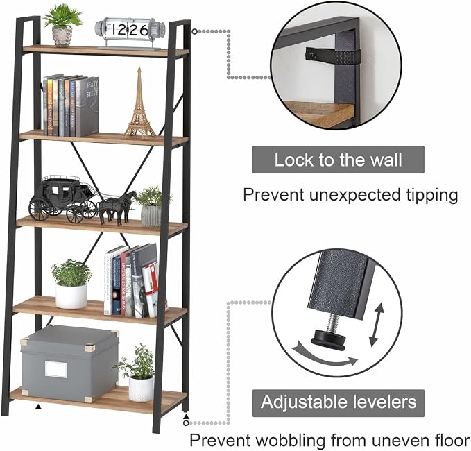 BON AUGURE Industrial 5 Tier Ladder Bookshelf, Wood and Metal Ladder Shelf - Image 4