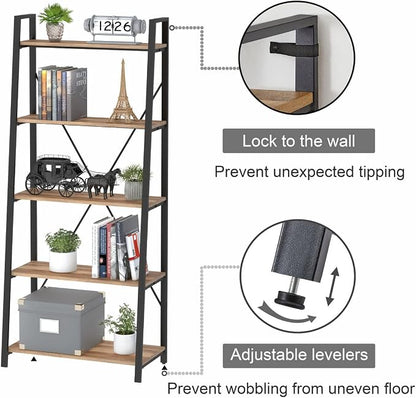 BON AUGURE Industrial 5 Tier Ladder Bookshelf, Wood and Metal Ladder Shelf - Image 4