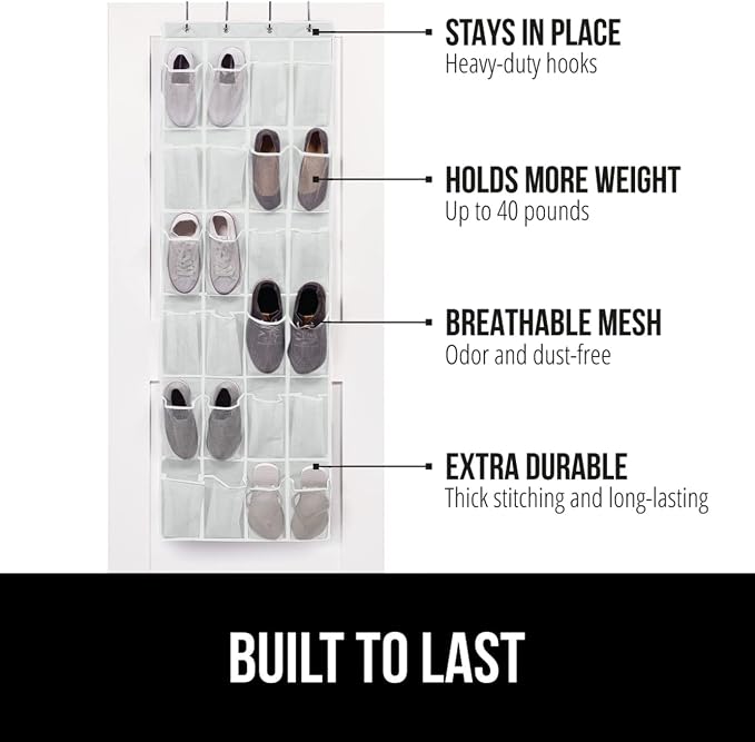 GORILLA GRIP Over the Door Shoe Organizer, 2 Pack, 24 Breathable Mesh Pockets - Image 2