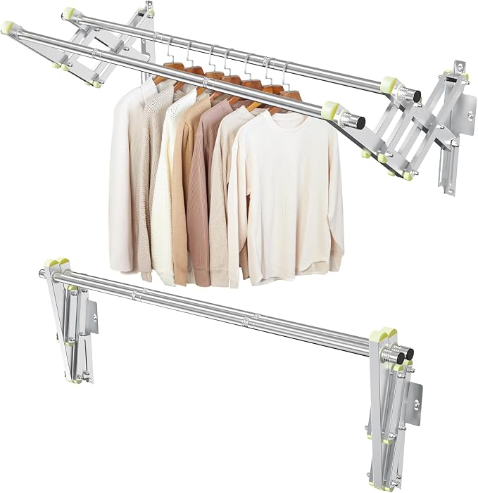 Foldable Wall Mounted Clothes Rack-Double 44'' Long Rod&2 Bases, Stainless Steel by TBMLC