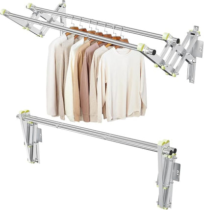 Foldable Wall Mounted Clothes Rack-Double 44'' Long Rod&2 Bases, Stainless Steel by TBMLC