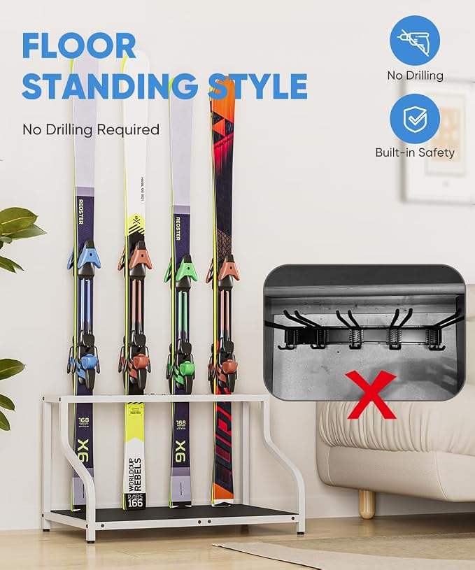 Ski Storage Rack for Garage — Freestanding Ski Holder for 4 Pair Skis, Indoor - Image 5