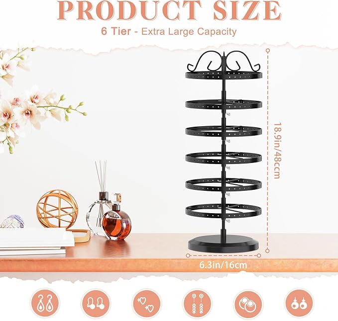 iDavosic.ly 6 Tier Metal Rotating Earring Holder Organizer Stand, Display Tree - Image 3