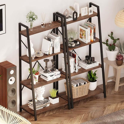 BON AUGURE Industrial Ladder Shelf Bookcase, 4 Tier Rustic Ladder Bookshelf - Image 6