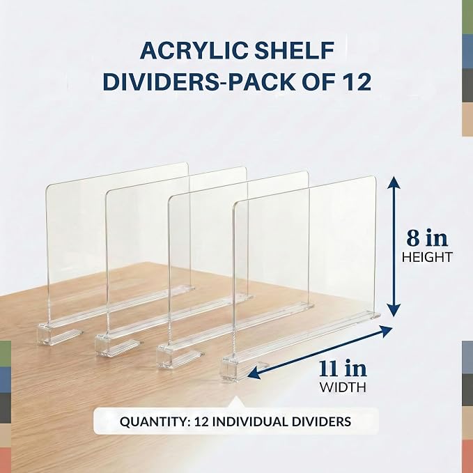 Acrylic Shelf Dividers, 12 Pack Clear Closet Shelf Organizer, Slide-On Vertical - Image 2