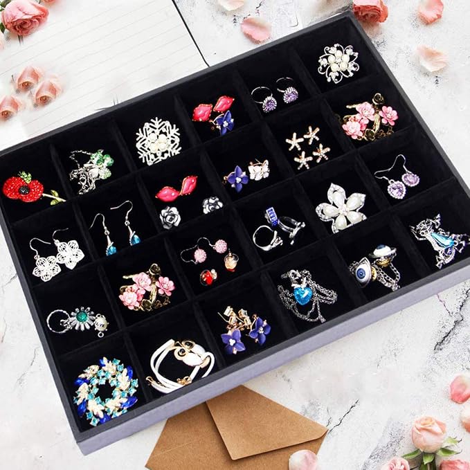 Black Velvet Stackable 24 Grid Jewelry Tray Showcase Display Organizer Holder - Image 5