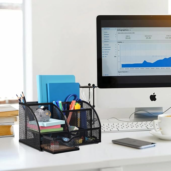 Comix Mesh Pen Pencil Holder Desk Organizer, 7 Compartment Wire Desktop Pen - Image 5