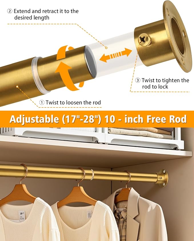 Closet Rods for Hanging Clothes, 17-40 Inch Heavy Duty and Stepless Adjustable - Image 4