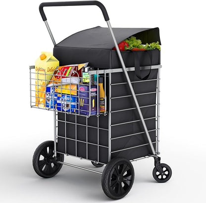 Shopping Cart w/Waterproof Basket Liner & 360° Swivel Wheels | Foldable by OurModernSpace