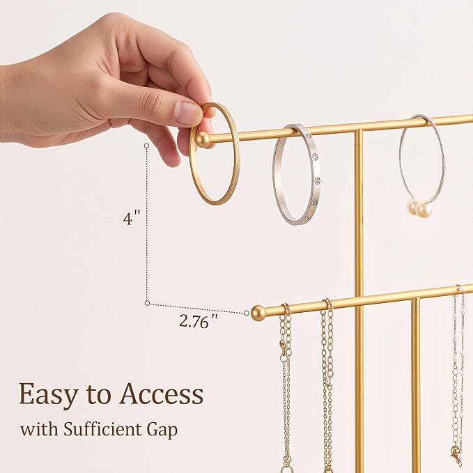 Gold Jewelry Holder Stand with Ceramic Tray: Small Hanging Necklace Organizer - Image 4