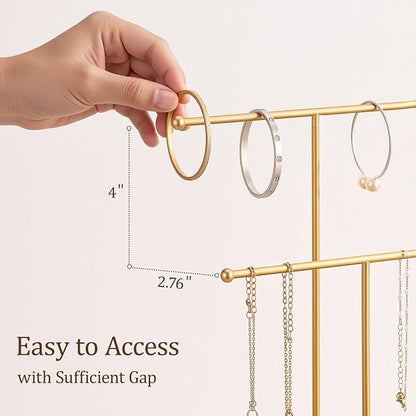 Gold Jewelry Holder Stand with Ceramic Tray: Small Hanging Necklace Organizer - Image 4