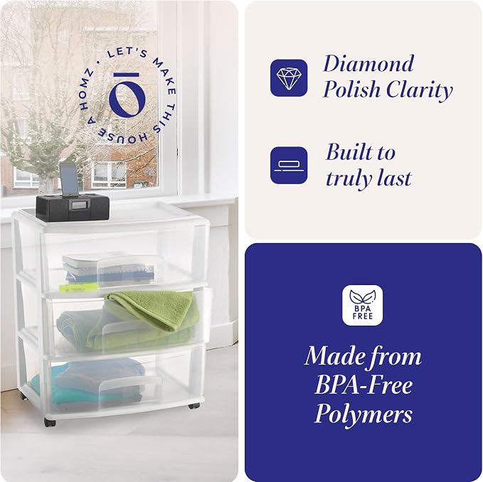 Homz Plastic 3 Drawer Wide Cart, 4 Casters Included, Home Office, and Dorm Rooms - Image 5
