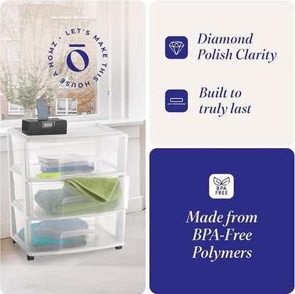 Homz Plastic 3 Drawer Wide Cart, 4 Casters Included, Home Office, and Dorm Rooms - Image 5
