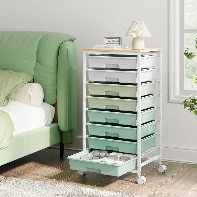 Storage Cart with 8 Drawers, Utility Cart with White Drawers and Wooden Tabletop by TOOLF