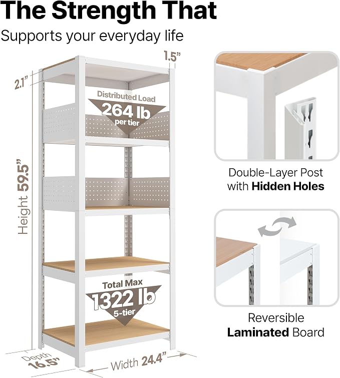 HOMEDANT 24" W Pegboards Storage Rack 5-Tier Heavy Duty Boltless Metal Utility - Image 2