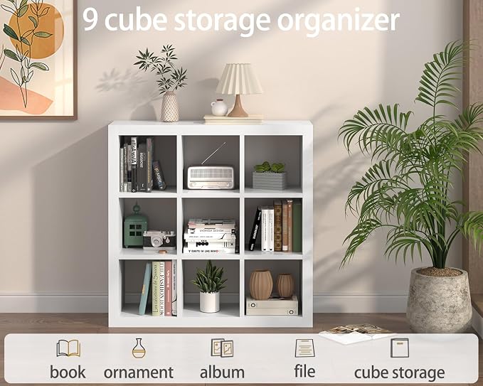 Bookshelf with Storage Bins, 9-Cube Storage Organizer Sturdy Wooden Bookcase - Image 6