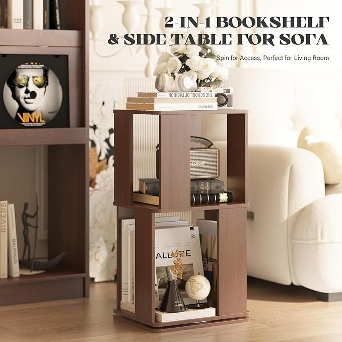 Easyego 2 Tier Solid Wood Rotating Bookshelf, 360° Upgrade Spinning Book Shelf - Image 4