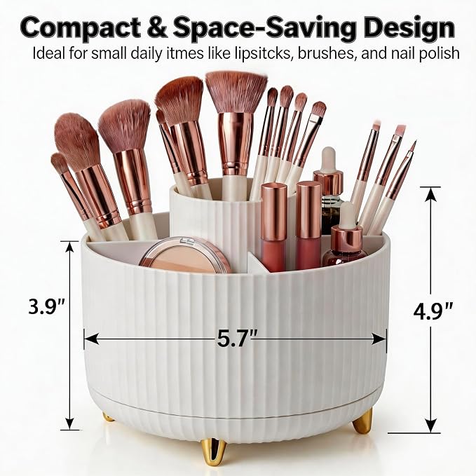 360 Rotating Makeup Brush Holder Organizer, 5-Slot White Spinning Cup - Image 2