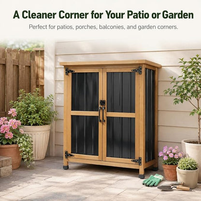Ketive Outdoor Storage Cabinet, Wood & Metal Small Garden Tool Storage Cabinet - Image 2