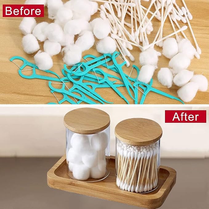 Bamboo Vanity Tray, Bathroom Tray Organizer Glass Qtip Holder Dispenser - Image 5