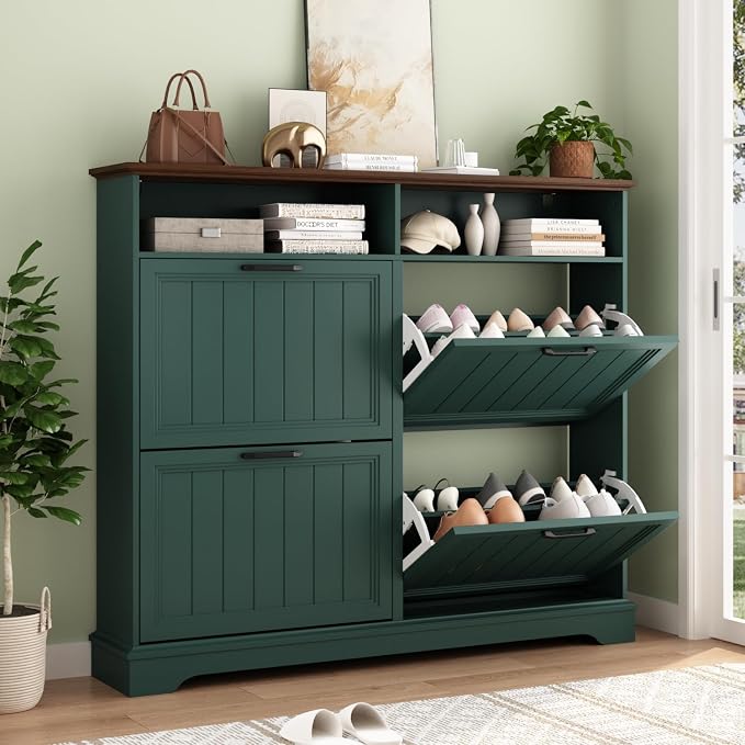 Shoe Storage Cabinet with 4 Flip Drawers, Narrow Slim Shoe Organizer by WINWY