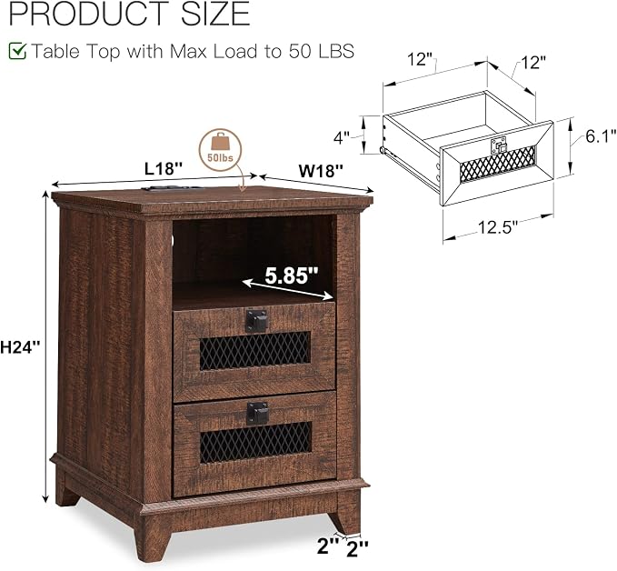 Nightstand with Charging Station, OKD 18'' Industrial & Farmhouse End Table - Image 6